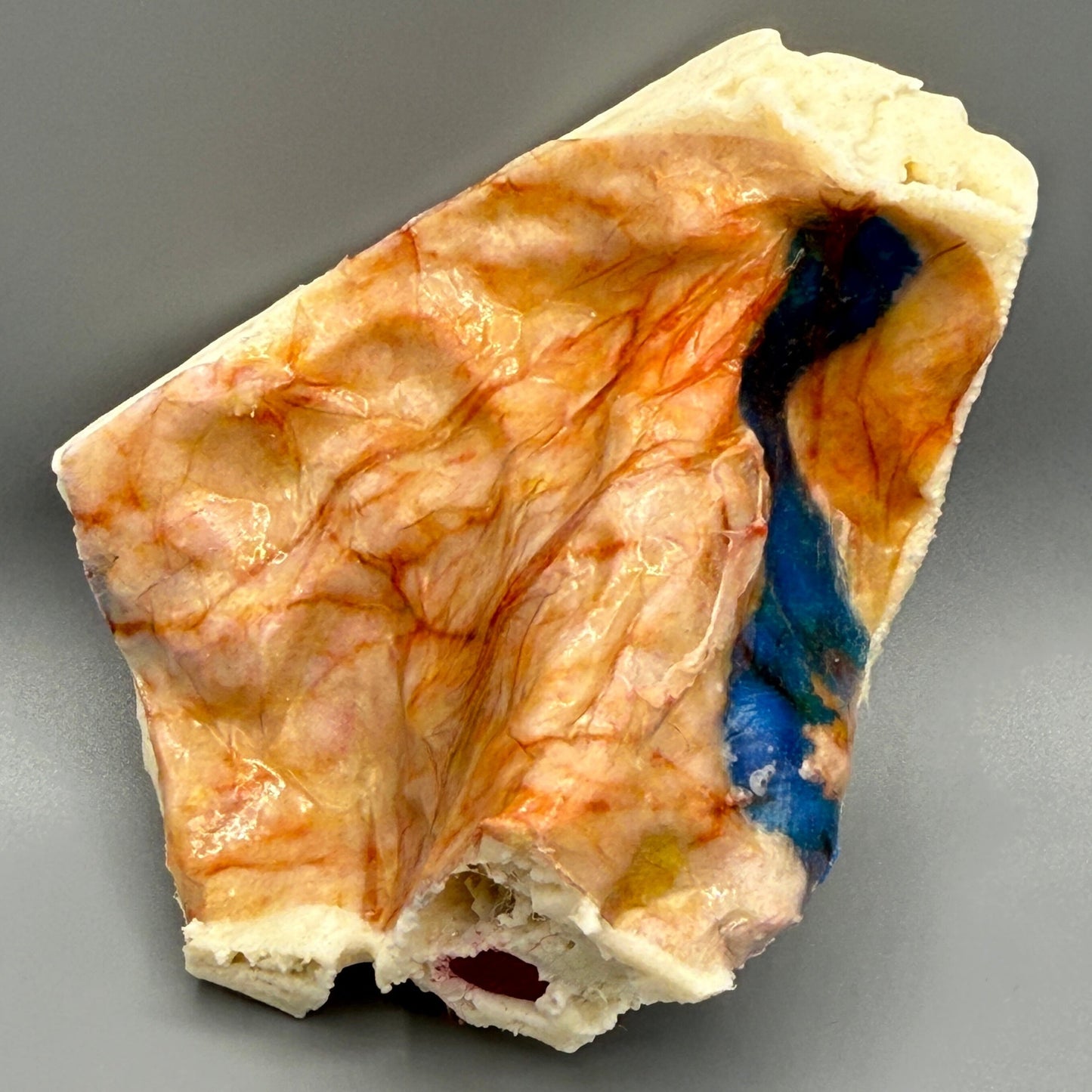 Pink and red simulated dura mater on tegmen surface of 3D temporal bone.